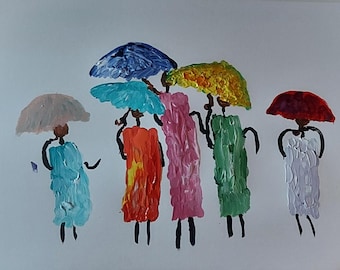 Original art for den, acrylic painting of five abstract figures with umbrellas, Hand Painted