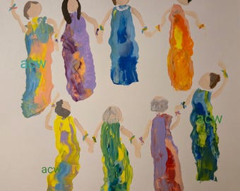 Friends in Praise,Hand Painted Original Wall Art Featuring Vibrant Abstract Women in Circle 12x12
