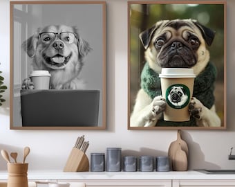 Custom Dog Cafe Art Print Pet Personalized Pet Portraits Dog drinking Coffee Funny Dog Bathroom Art Poster Coffee Shop Wall Art Frame