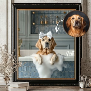 Custom Pet Portrait Dog with wine Print Pet In robe Dog Portraits Dog In Toilet Pet in Bathtub Funny Dog Bathroom Poster Pet Gift Wall Art