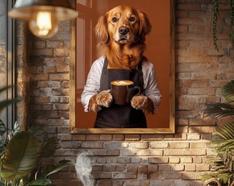 Custom Dog Cafe Art Print Pet Personalized Pet Portraits Dog drinking Coffee Funny Dog Bathroom Art Poster Coffee Shop Wall Art Frame