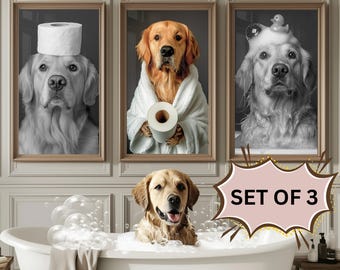 Anpassad badrumskonst för husdjur, set med 3 husdjursporträtt, rolig badrumskonst, hund som läser tidning på toaletten, hundväggkonst, personlig present till husdjur