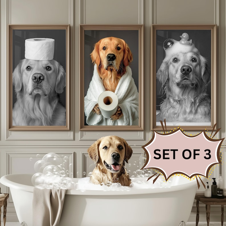 Anpassad badrumskonst för husdjur, set med 3 husdjursporträtt, rolig badrumskonst, hund som läser tidning på toaletten, hundväggkonst, personlig present till husdjur bild 1