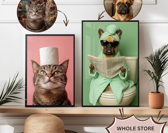 Custom Pet Portrait Photo Funny Bathroom Art Dog Reading Newspaper on Toilet Dog Wall Art Dog in Toilet Pet in Bathtub Personalized pet gift