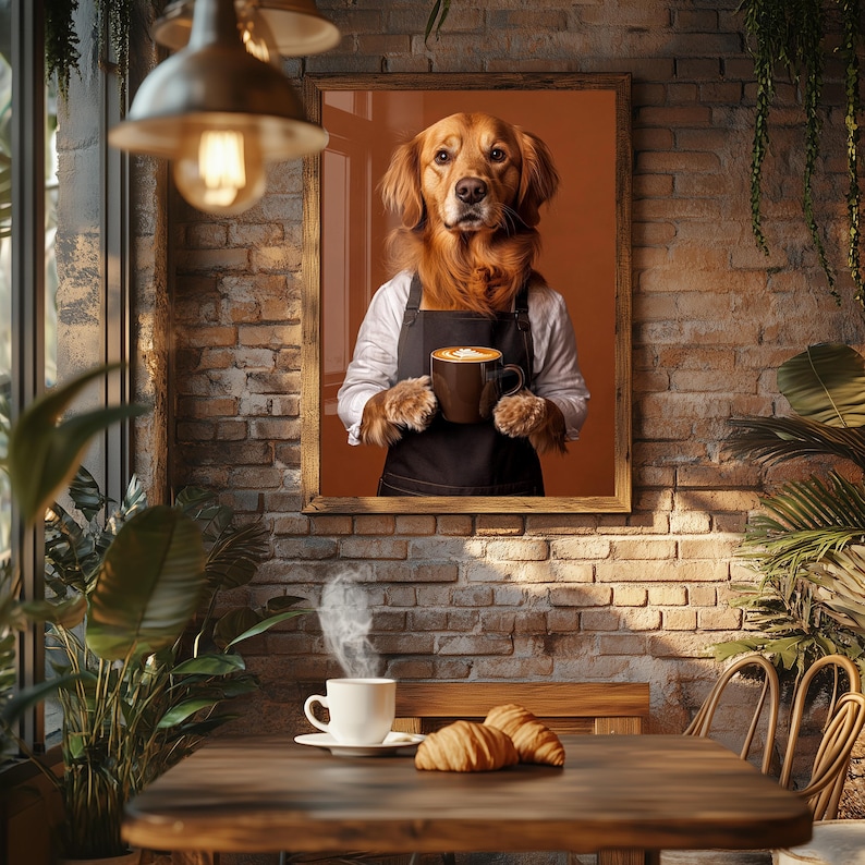 May include: A framed image of a Golden Retriever wearing a barista uniform, holding a coffee mug with latte art. The scene includes a table with a coffee cup, croissants, and a brick wall background.