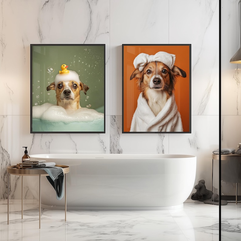 Aangepaste huisdier portret foto grappige badkamer kunst hond krant lezen op toilet hond kunst aan de muur hond in toilet huisdier in bad Gepersonaliseerd huisdier cadeau afbeelding 5