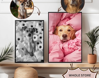Custom Pet Portrait Dog with wine Print Pet In robe Dog Portraits Dog In Toilet Pet in Bathtub Funny Dog Bathroom Poster Pet Gift Wall Art