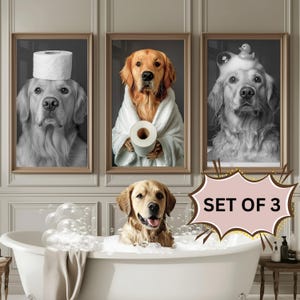 Custom Pet Bathroom Art Set of 3 Pet Portrait Funny Bathroom Art Dog Reading Newspaper on Toilet Dog Wall Art Personalized pet gift