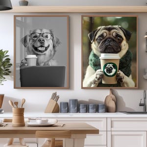 May include: Two framed dog portraits. The left image is a black and white photo of a dog wearing glasses, holding a coffee cup, and sitting behind a laptop. The right image is a pug holding a coffee cup with a green scarf.