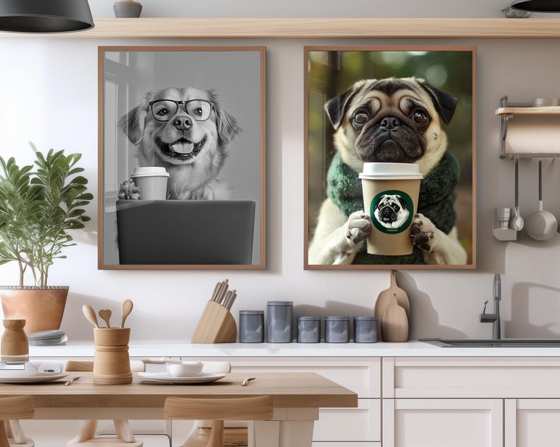 May include: Two framed dog portraits. The left image is a black and white photo of a dog wearing glasses, holding a coffee cup, and sitting behind a laptop. The right image is a pug holding a coffee cup with a green scarf.