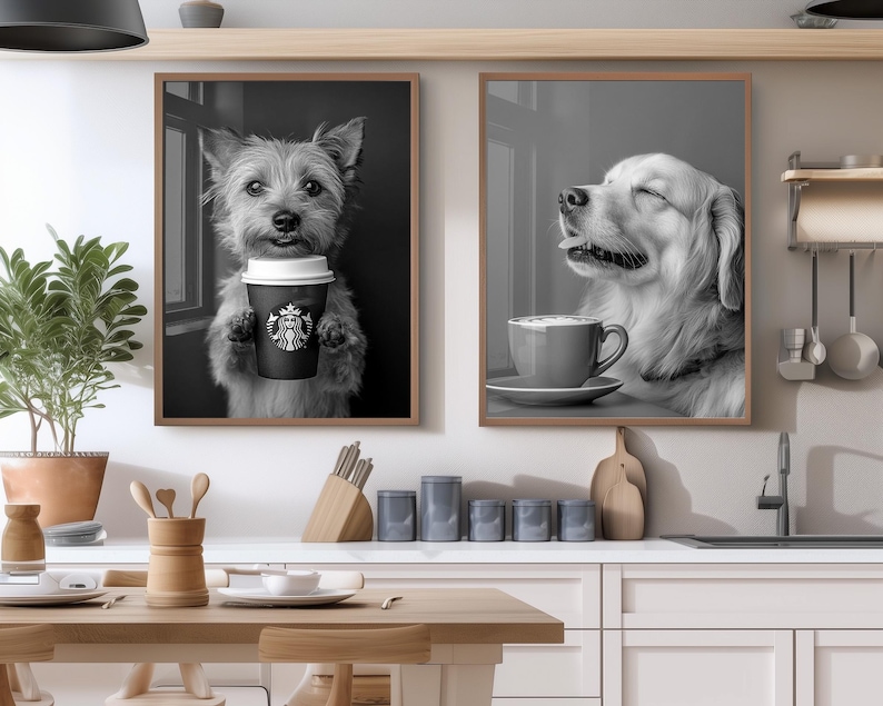 May include: Two framed black and white dog portraits. One shows a terrier holding a Starbucks coffee cup. The other depicts a golden retriever with a coffee cup. Both images are in brown wooden frames, suitable for kitchen or cafe decor.
