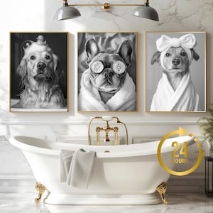 Anpassad badrumskonst för husdjur, set med 3 husdjursporträtt, rolig badrumskonst, hund som läser tidning på toaletten, hundväggkonst, personlig present till husdjur bild 7