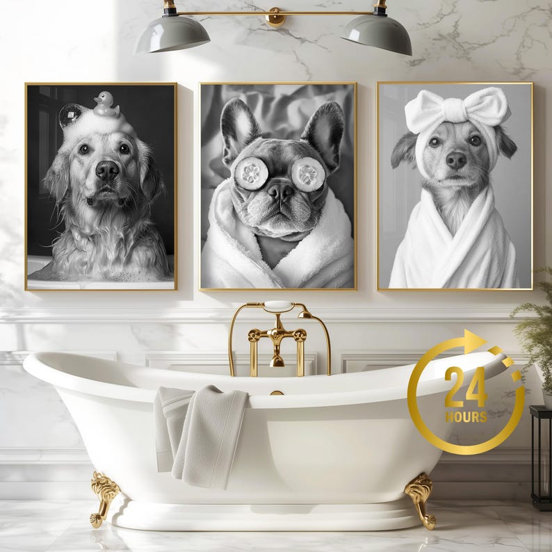 Anpassad badrumskonst för husdjur, set med 3 husdjursporträtt, rolig badrumskonst, hund som läser tidning på toaletten, hundväggkonst, personlig present till husdjur bild 7