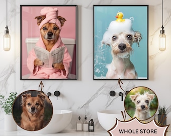 Custom Pet Portrait Photo,Funny Bathroom Art,Dog Reading Newspaper on Toilet,Dog Wall Art,Dog in Toilet,Pet in Bathtub,Personalized pet gift