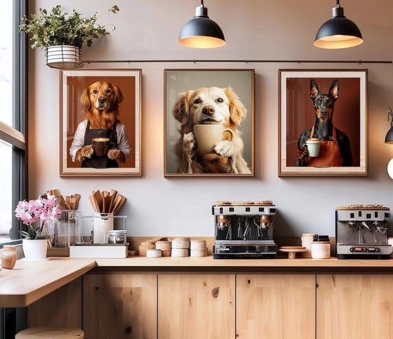 Custom Dog Cafe Art Print Pet Personalized Pet Portraits Dog drinking Coffee Funny Dog Bathroom Art Poster Coffee Shop Wall Art Frame