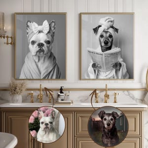 Anpassad badrumskonst för husdjur, set med 3 husdjursporträtt, rolig badrumskonst, hund som läser tidning på toaletten, hundväggkonst, personlig present till husdjur bild 5
