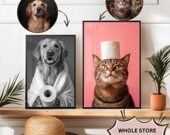 Anpassat husdjursporträttfoto Rolig badrumskonst Hund som läser tidning på toaletten Hundväggkonst Hund i toaletten Husdjur i badkar Personlig husdjurspresent