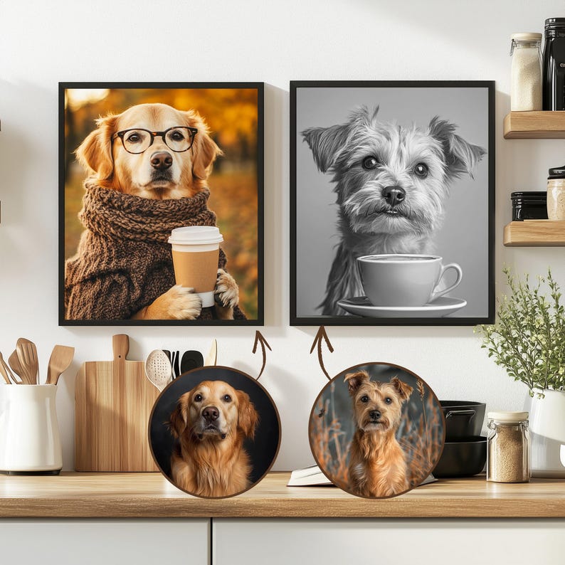 May include: Two framed dog portraits. One shows a golden retriever wearing glasses, a scarf, and holding a coffee cup. The other is a black and white portrait of a small dog with a teacup. Two round coasters with dog portraits are below.