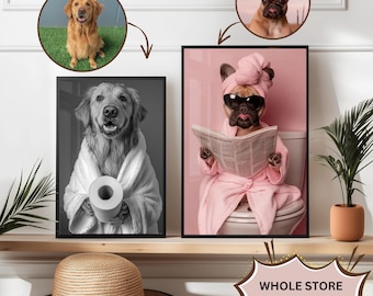 Custom Pet Portrait Photo Funny Bathroom Art Dog Reading Newspaper on Toilet Dog Wall Art Dog in Toilet Pet in Bathtub Personalized pet gift
