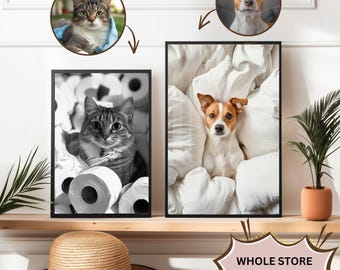 Custom Pet Portrait Dog with wine Print Pet In robe Dog Portraits Dog In Toilet Pet in Bathtub Funny Dog Bathroom Poster Pet Gift Wall Art