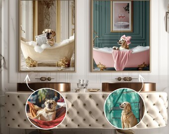 Custom Pet Portrait Dog with wine Print Pet In robe Dog Portraits Dog In Toilet Pet in Bathtub Funny Dog Bathroom Poster Pet Gift Wall Art