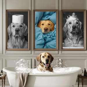 Custom Pet Bathroom Art Set of 3 Pet Portrait Funny Bathroom Art Dog Reading Newspaper on Toilet Dog Wall Art Personalized pet gift