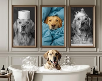 Custom Pet Bathroom Art Set of 3 Pet Portrait Funny Bathroom Art Dog Reading Newspaper on Toilet Dog Wall Art Personalized pet gift