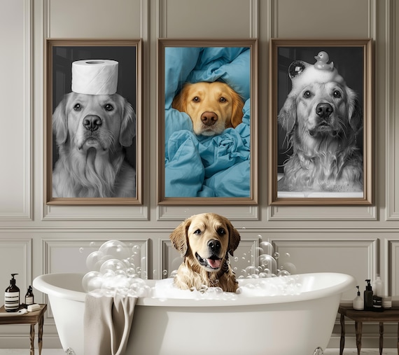 Custom Pet Bathroom Art Set of 3 Pet Portrait Funny Bathroom Art Dog Reading Newspaper on Toilet Dog Wall Art Personalized pet gift