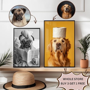 Custom Pet Portrait Photo,Funny Bathroom Art,Dog Reading Newspaper on Toilet,Dog Wall Art,Dog in Toilet,Pet in Bathtub,Personalized pet gift