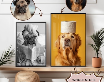 Custom Pet Portrait Photo,Funny Bathroom Art,Dog Reading Newspaper on Toilet,Dog Wall Art,Dog in Toilet,Pet in Bathtub,Personalized pet gift