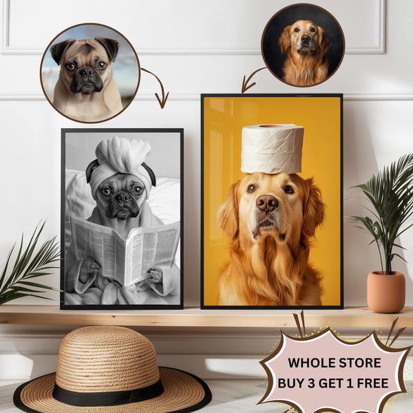 Aangepaste huisdierportretfoto, grappige badkamerkunst, hond leest krant op toilet, hond kunst aan de muur, hond in toilet, huisdier in bad, gepersonaliseerd huisdiercadeau