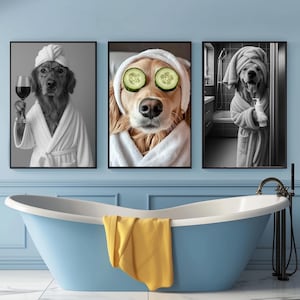 Foto de retrato de animal de estimação personalizada, arte engraçada para banheiro, cachorro lendo jornal no vaso sanitário, arte de parede para cachorro, cachorro no vaso sanitário, animal de estimação na banheira, presente personalizado para animal de estimação