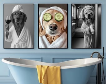 Custom Pet Portrait Photo,Funny Bathroom Art,Dog Reading Newspaper on Toilet,Dog Wall Art,Dog in Toilet,Pet in Bathtub,Personalized pet gift