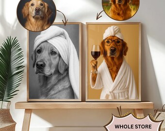 Puede incluir: Dos impresiones enmarcadas de un perro golden retriever. Una impresión es en blanco y negro y muestra al perro con una toalla en la cabeza. La otra impresión es en color y muestra al perro con una bata blanca y sosteniendo una copa de vino tinto. El texto "WHOLE STORE BUY 3 GET 1 FREE" es visible en la esquina inferior derecha de la imagen.
