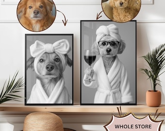 Custom Pet Portrait Dog with wine Print Pet In robe Dog Portraits Dog In Toilet Pet in Bathtub Funny Dog Bathroom Poster Pet Gift Wall Art