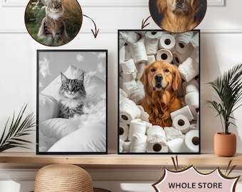 Custom Pet Portrait Dog with wine Print Pet In robe Dog Portraits Dog In Toilet Pet in Bathtub Funny Dog Bathroom Poster Pet Gift Wall Art