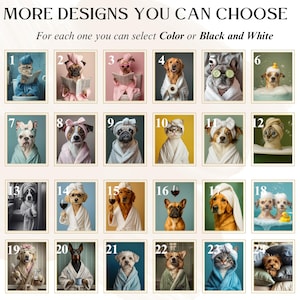 Op de afbeelding: Een raster met 24 afbeeldingen met verschillende dieren, voornamelijk honden, die handdoeken en badjassen dragen. Elke afbeelding is genummerd van 1 tot 24. De tekst "MORE DESIGNS YOU CAN CHOOSE" staat bovenaan de afbeelding. De tekst "For each one you can select Color or Black and White" staat onder de titel.