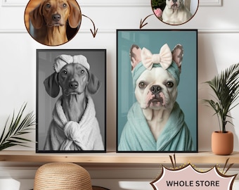 Foto de retrato de mascota personalizada, arte divertido para el baño, perro leyendo el periódico en el inodoro, arte de pared para perros, perro en el inodoro, mascota en la bañera, regalo personalizado para mascotas