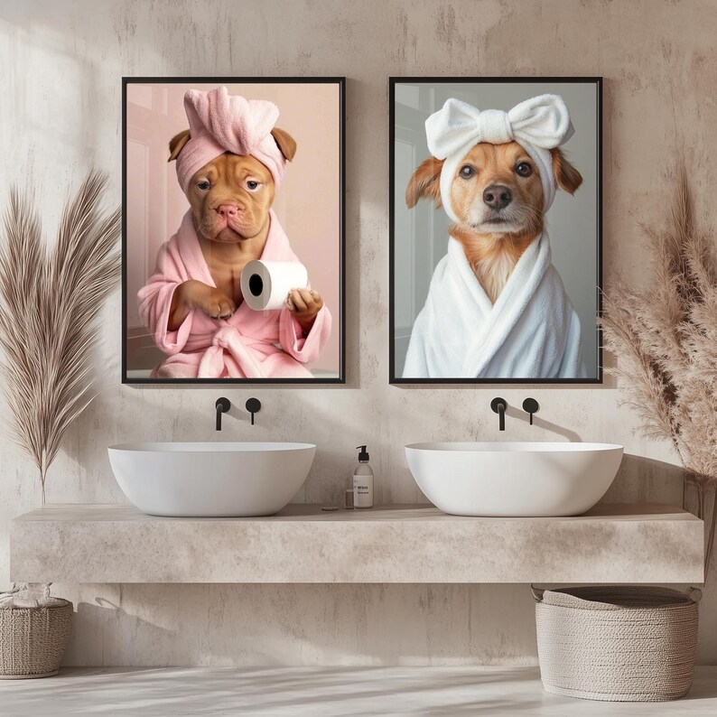 Anpassad badrumskonst för husdjur, set med 3 husdjursporträtt, rolig badrumskonst, hund som läser tidning på toaletten, hundväggkonst, personlig present till husdjur bild 6