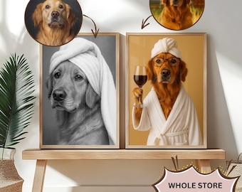 Custom Pet Portrait Dog with wine Print Pet In robe Dog Portraits Dog In Toilet Pet in Bathtub Funny Dog Bathroom Poster Pet Gift
