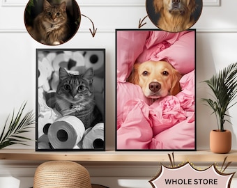 Custom Pet Portrait Dog with wine Print Pet In robe Dog Portraits Dog In Toilet Pet in Bathtub Funny Dog Bathroom Poster Pet Gift Wall Art