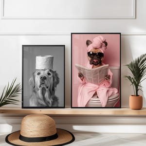 Anpassad badrumskonst för husdjur, set med 3 husdjursporträtt, rolig badrumskonst, hund som läser tidning på toaletten, hundväggkonst, personlig present till husdjur bild 3