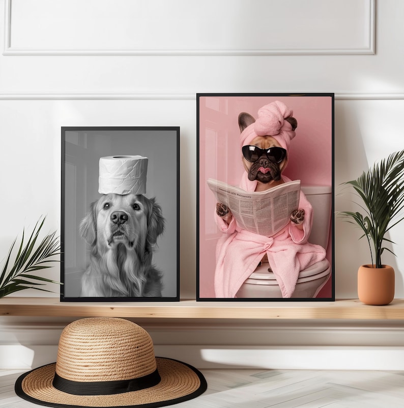 Anpassad badrumskonst för husdjur, set med 3 husdjursporträtt, rolig badrumskonst, hund som läser tidning på toaletten, hundväggkonst, personlig present till husdjur bild 3