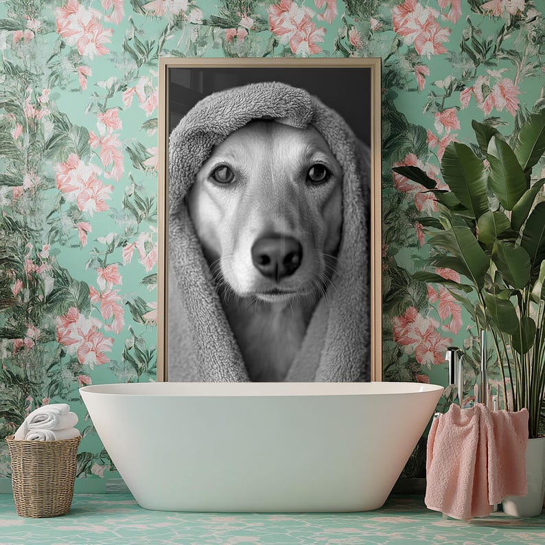 Anpassad badrumskonst för husdjur, set med 3 husdjursporträtt, rolig badrumskonst, hund som läser tidning på toaletten, hundväggkonst, personlig present till husdjur bild 4
