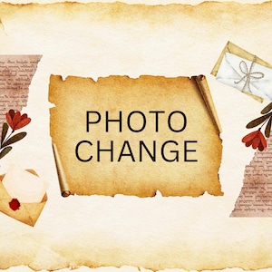 May include: A vintage-style parchment scroll with the text "PHOTO CHANGE" written in black. The scroll is surrounded by old paper, envelopes, and flowers.