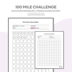 100 Mile Running or Walking Challenge Printable, Running Challenge, Walking Challenge, Workout Tracker, Exercise Tracker, Fitness Challenge
