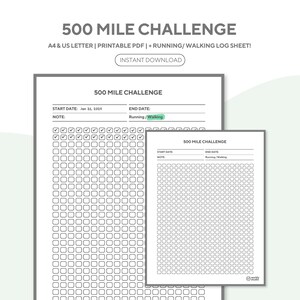500 Mile Running or Walking Challenge Printable, Running Challenge, Walking Challenge, Workout Tracker, Exercise Tracker, Fitness Challenge