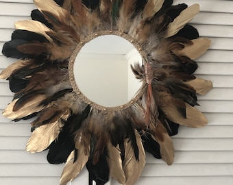 Large round feather mirror, boho feather home decor, black gold brown feather artsy wall mirror, functional wall art, shabby bohemian mirror