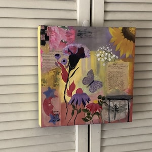 Original mixed media collage painting , floral collage, collage wall art, unique wall decor, original painting