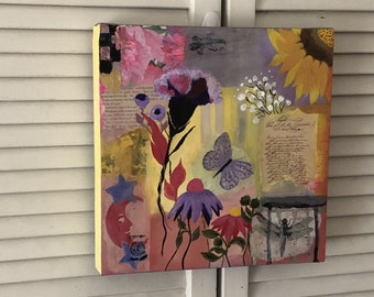 REBAJAS DE VERANO Pintura de collage floral de técnica mixta: Arte de pared de mariposa y libélula